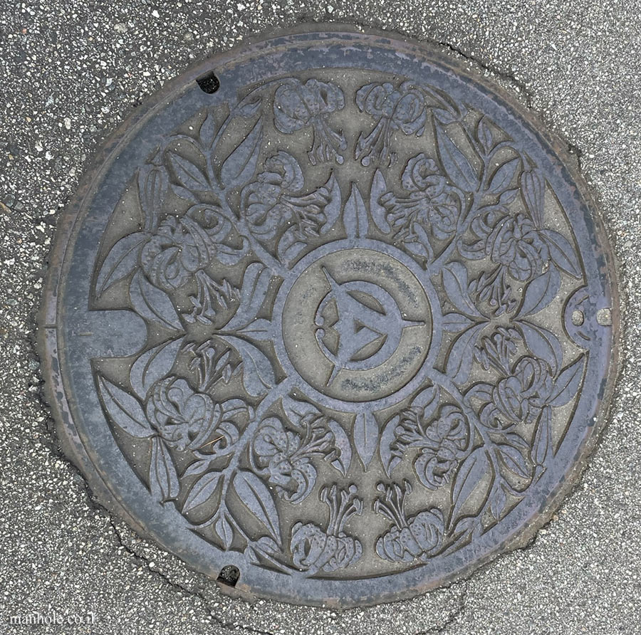 Uozu - Lid with the city symbol in the center surrounded by a flower representing the city