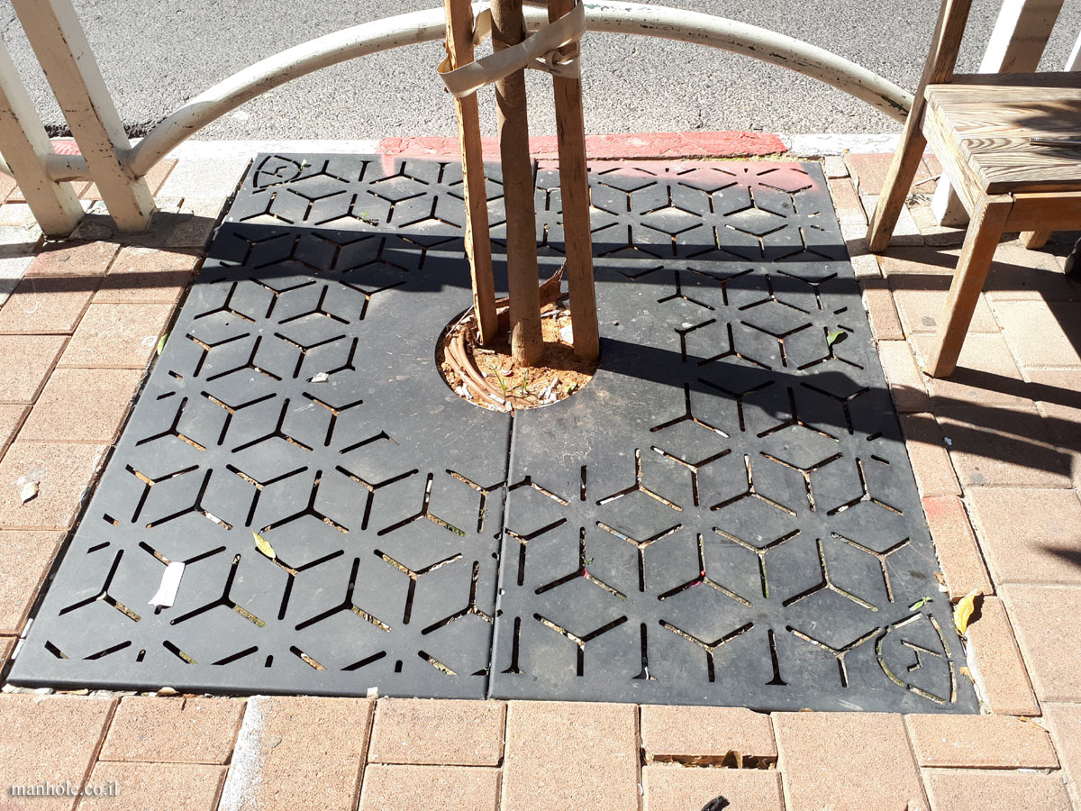 Givatayim - A tree grate with a background of hexagons