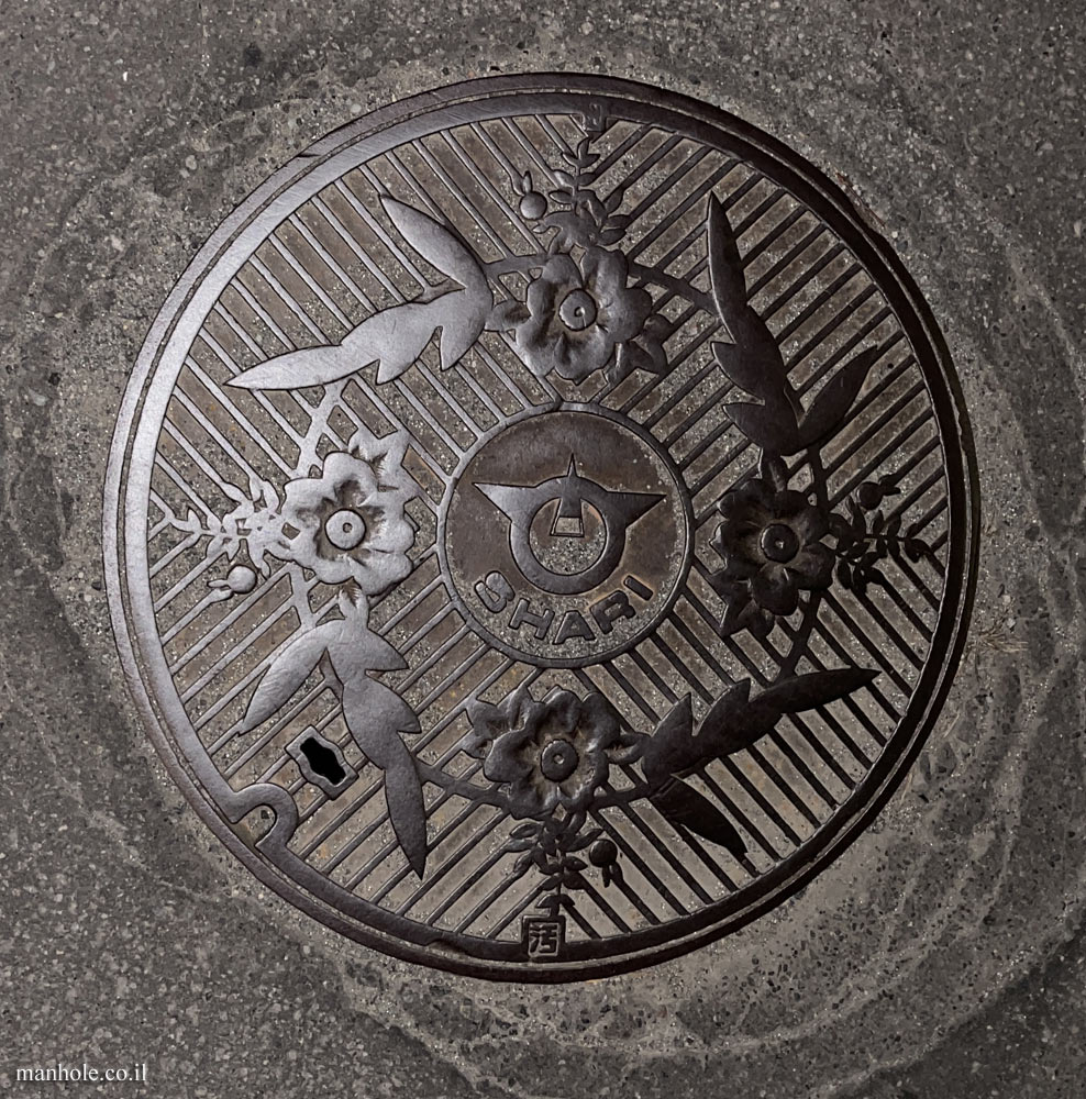 Shari - a sewer cover with the flower symbolizing the city on it: a rugosa rose